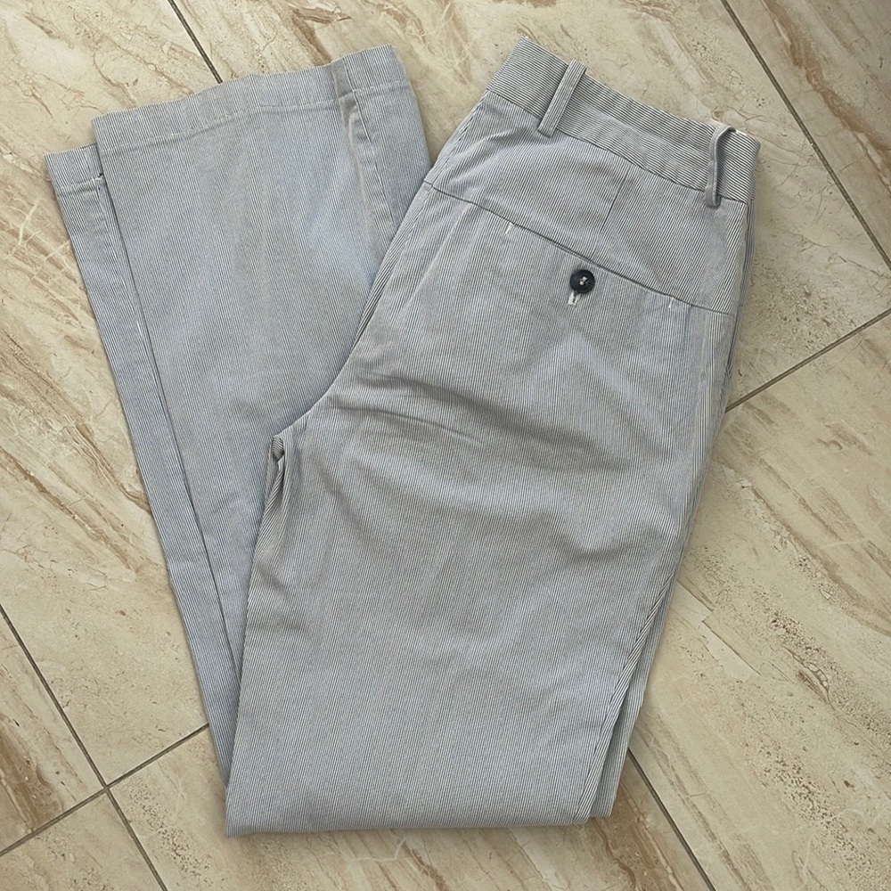 Blue and white pinstripe dress pants